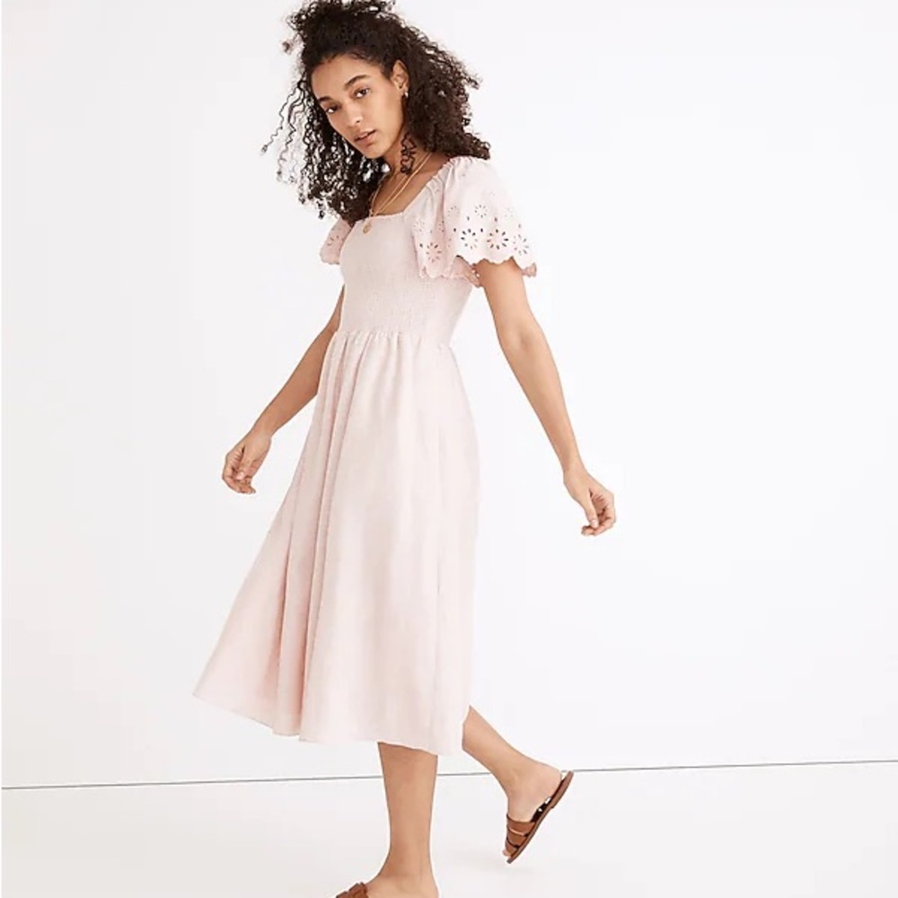 Madewell Petite Linen-Blend Eyelet-Sleeve Lucie Smocked Midi Dress